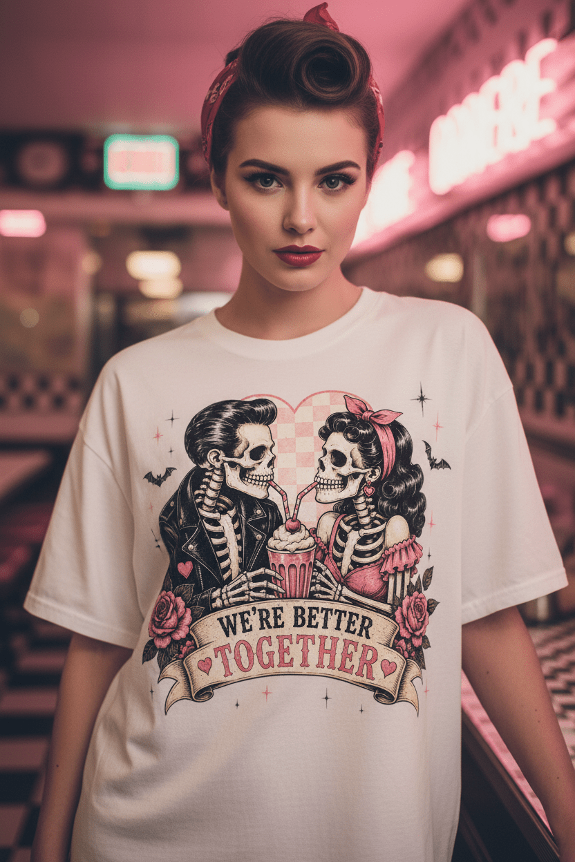 We're Better Together Skeleton Couple T-Shirt — Retro Romantic Gothic Tee - Boo Crew Boutique