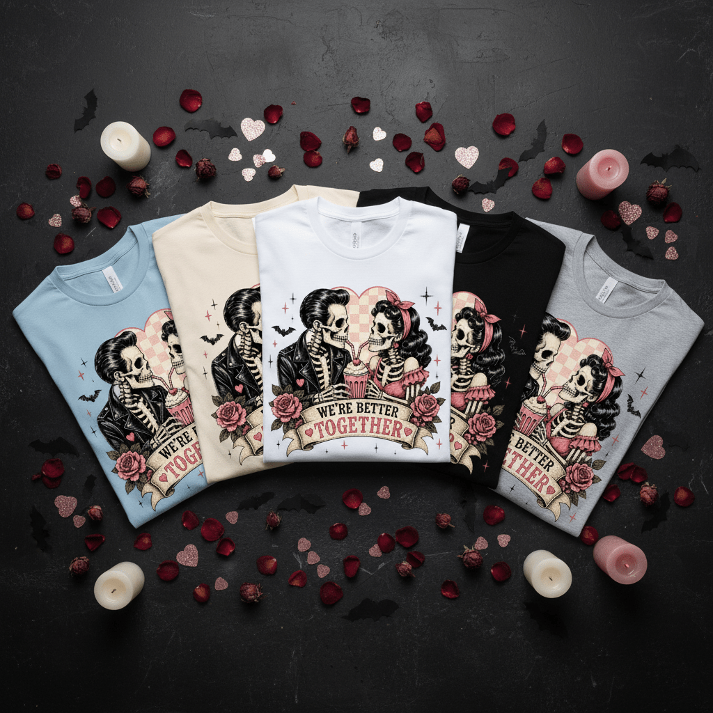 We're Better Together Skeleton Couple T-Shirt — Retro Romantic Gothic Tee - Boo Crew Boutique