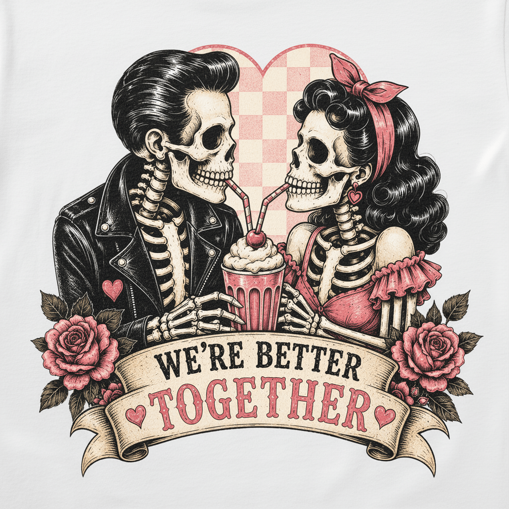 We're Better Together Skeleton Couple T-Shirt — Retro Romantic Gothic Tee - Boo Crew Boutique