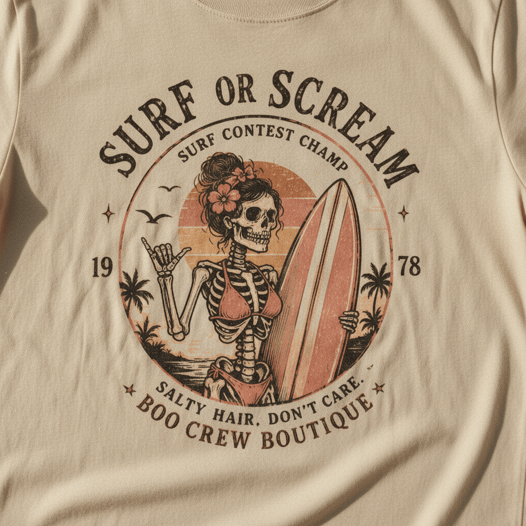 Surf or Scream T-Shirt — Vintage Skeleton Surfing Graphic Tee - Boo Crew Boutique