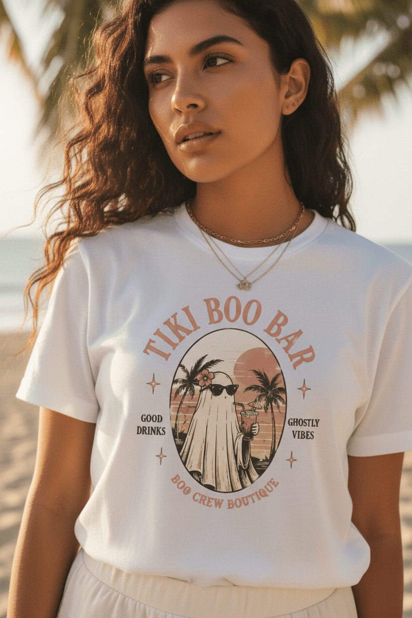 Tiki Boo Bar Vintage Beach Ghost Graphic Tee - Boo Crew Boutique