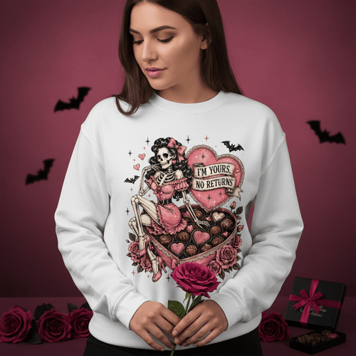 Valentine Skull Heart Crewneck Sweatshirt — "I'm Yours No Returns" Gothic Love Pullover - Boo Crew Boutique