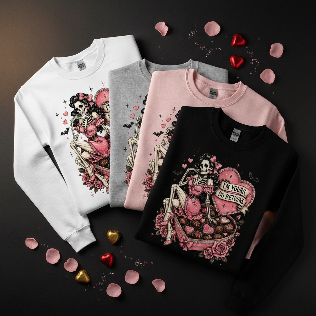 Valentine Skull Heart Crewneck Sweatshirt — "I'm Yours No Returns" Gothic Love Pullover