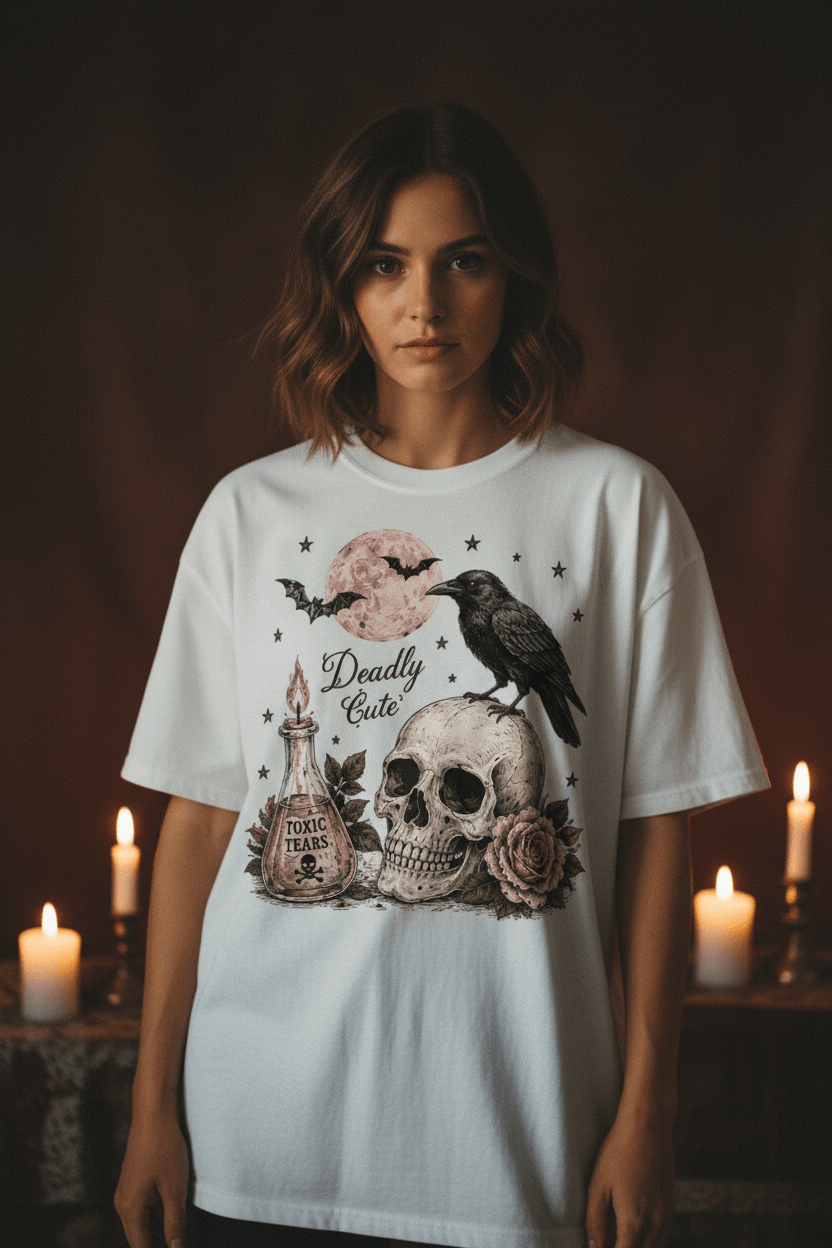 Deadly Cute Crow & Skull Graphic T-Shirt - Boo Crew Boutique