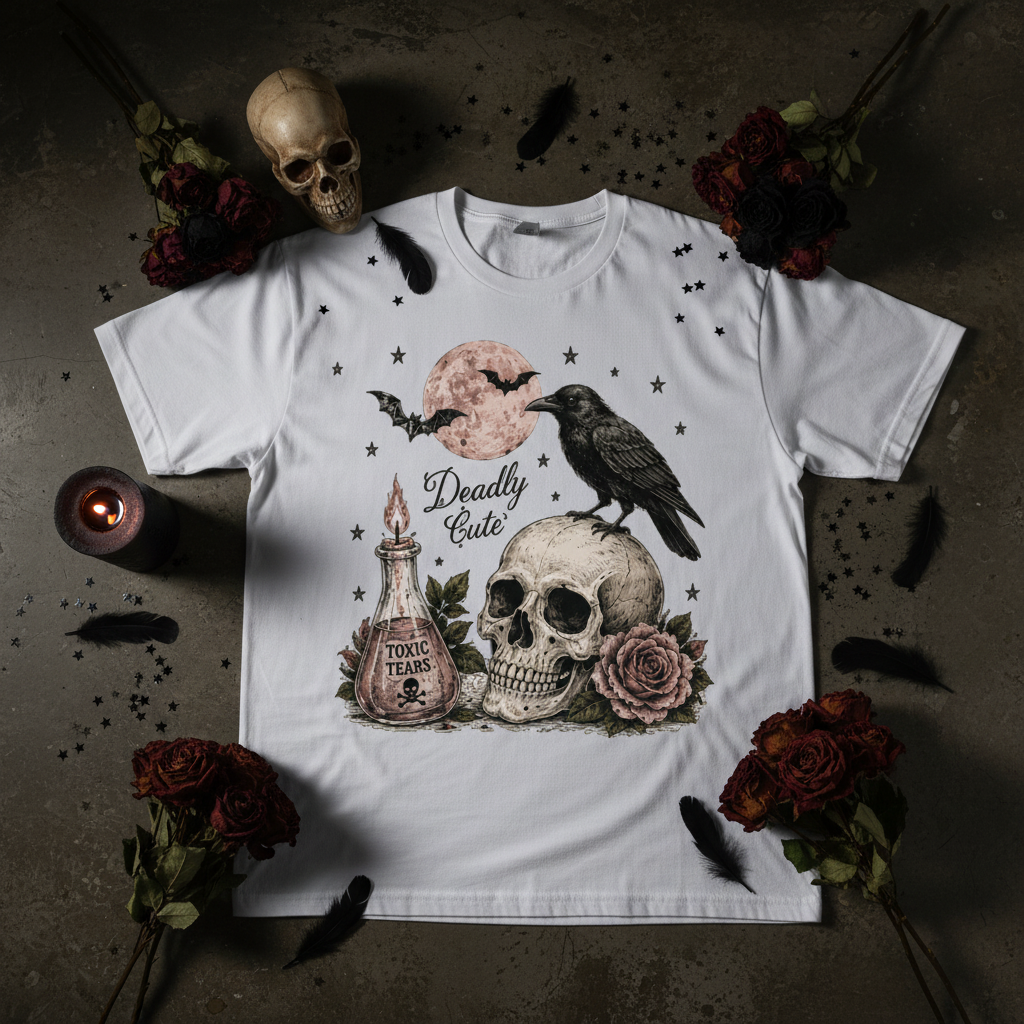 Deadly Cute Crow & Skull Graphic T-Shirt