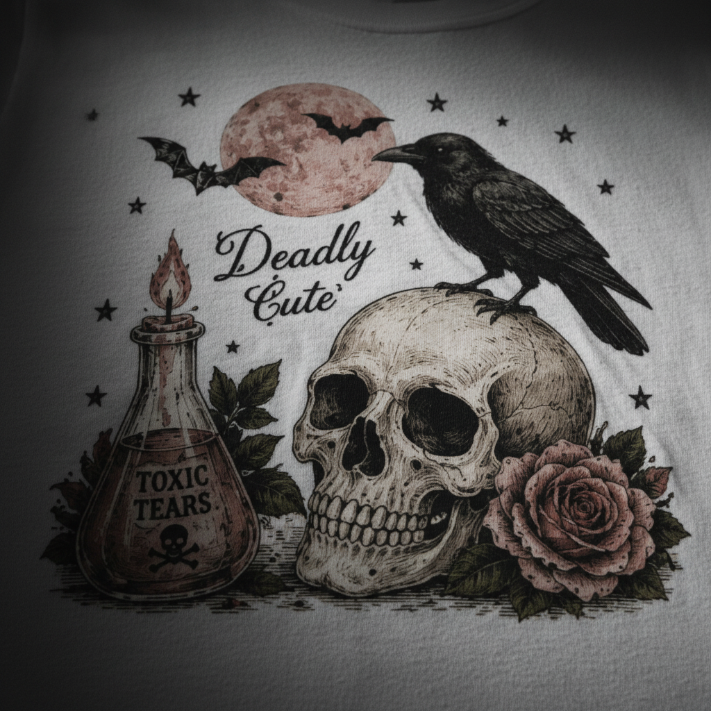 Deadly Cute Crow & Skull Graphic T-Shirt
