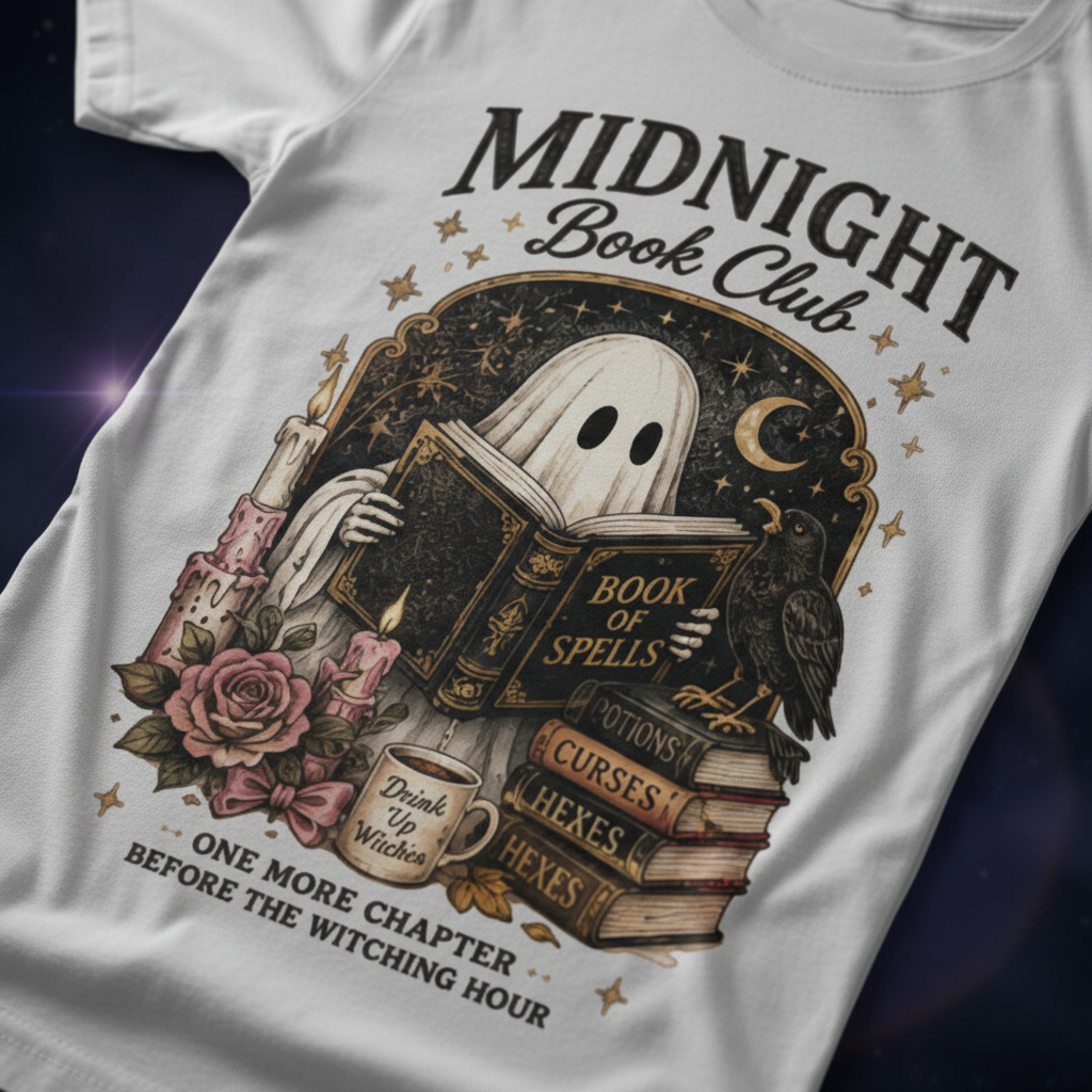 Midnight Book Club T-Shirt — Spooky Ghost Reader Graphic Tee