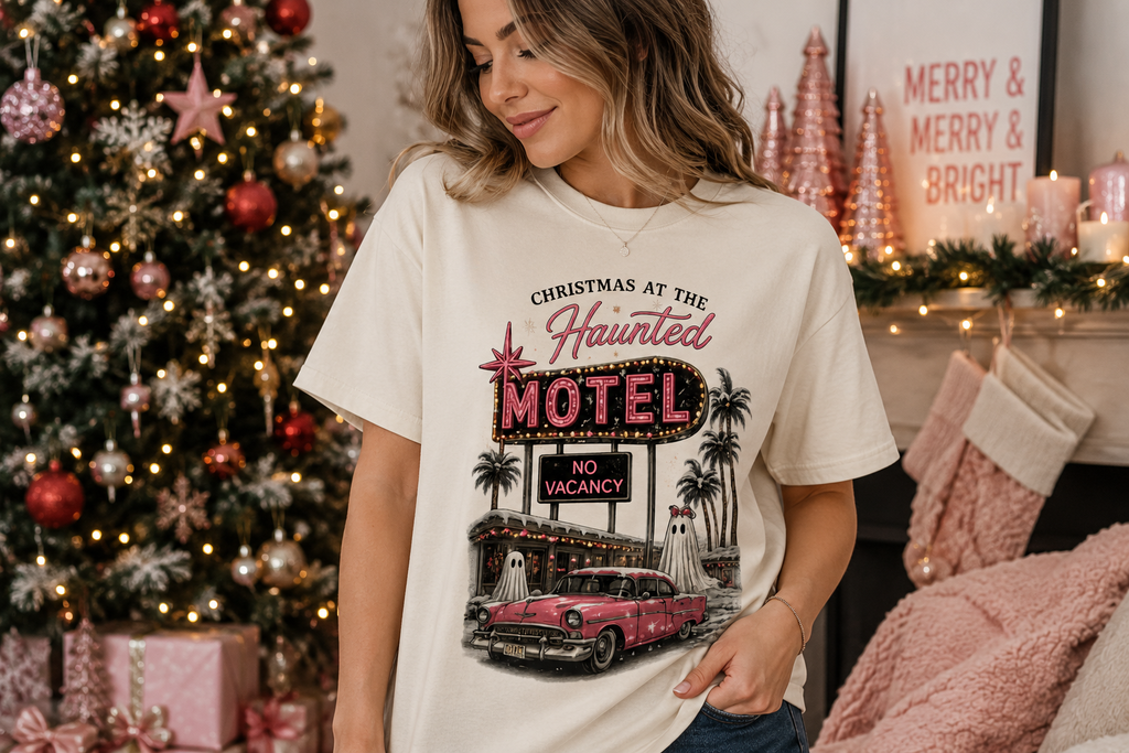 Christmas at the Haunted Motel T-Shirt — Vintage Neon Holiday Tee