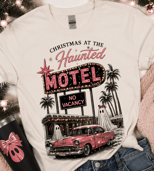 Christmas at the Haunted Motel T-Shirt — Vintage Neon Holiday Tee - Boo Crew Boutique