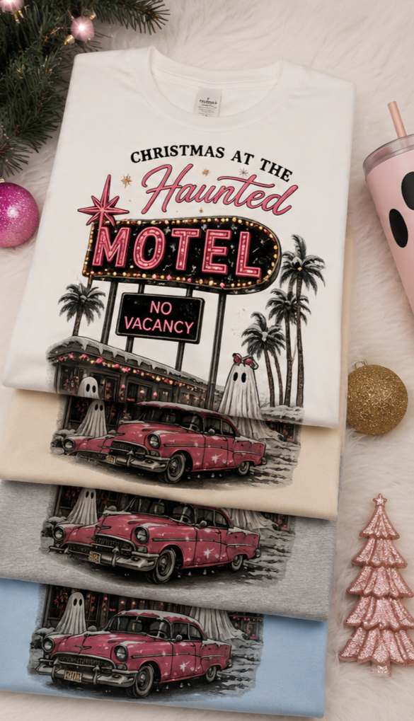 Christmas at the Haunted Motel T-Shirt — Vintage Neon Holiday Tee