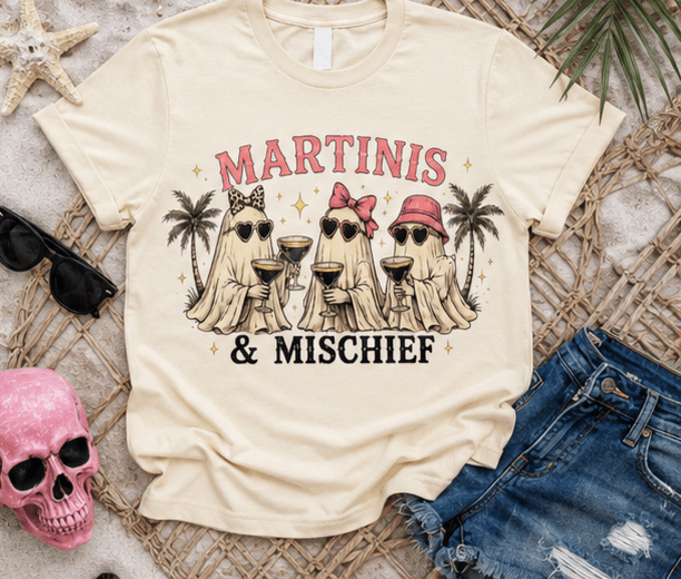 Martinis & Mischief T-Shirt — Ghost Cocktail Graphic Tee - Boo Crew Boutique