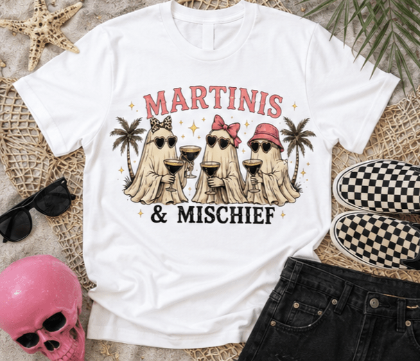 Martinis & Mischief T-Shirt — Ghost Cocktail Graphic Tee - Boo Crew Boutique