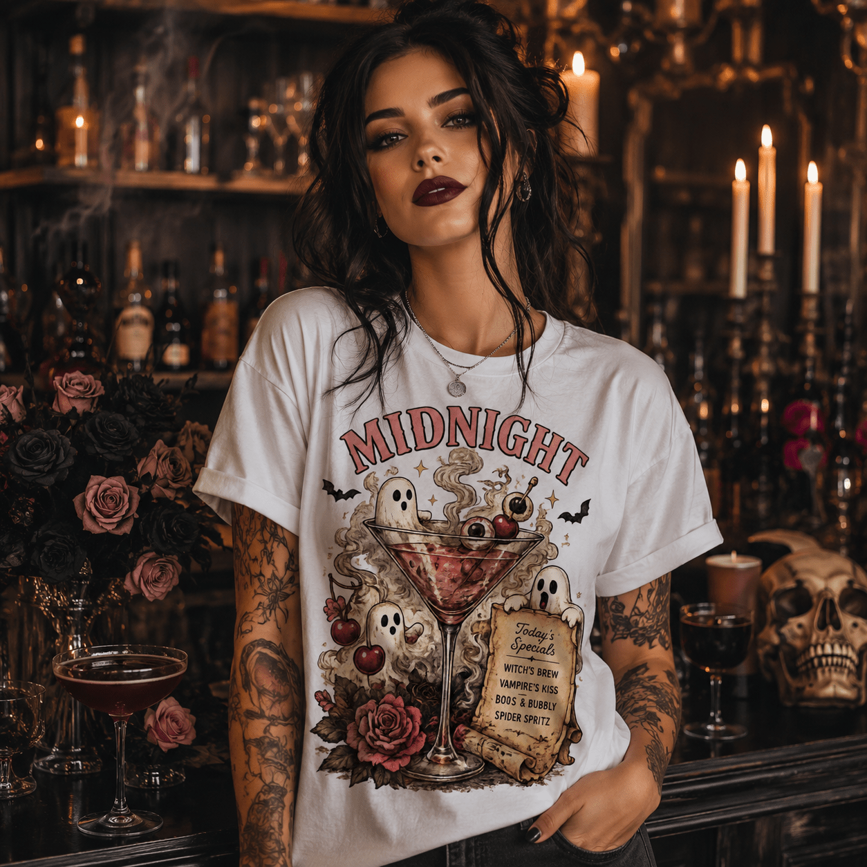 Midnight Spirits T-Shirt — Halloween Ghost Cocktail Graphic Tee - Boo Crew Boutique
