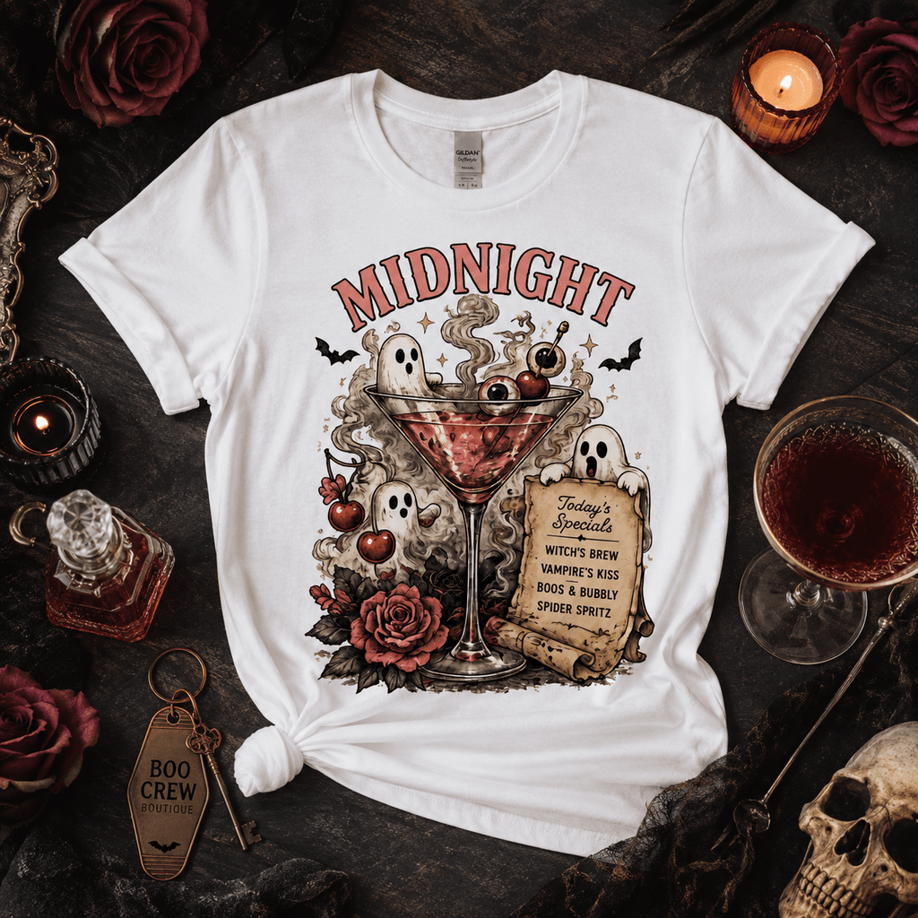 Midnight Spirits T-Shirt — Halloween Ghost Cocktail Graphic Tee - Boo Crew Boutique