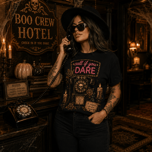 Call If You Dare T‑Shirt — Retro Phone Gothic Graphic Tee - Boo Crew Boutique