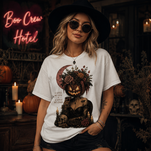 A Little Bit Cute, A Little Bit Chaos T-Shirt — Gothic Pumpkin Head Tee