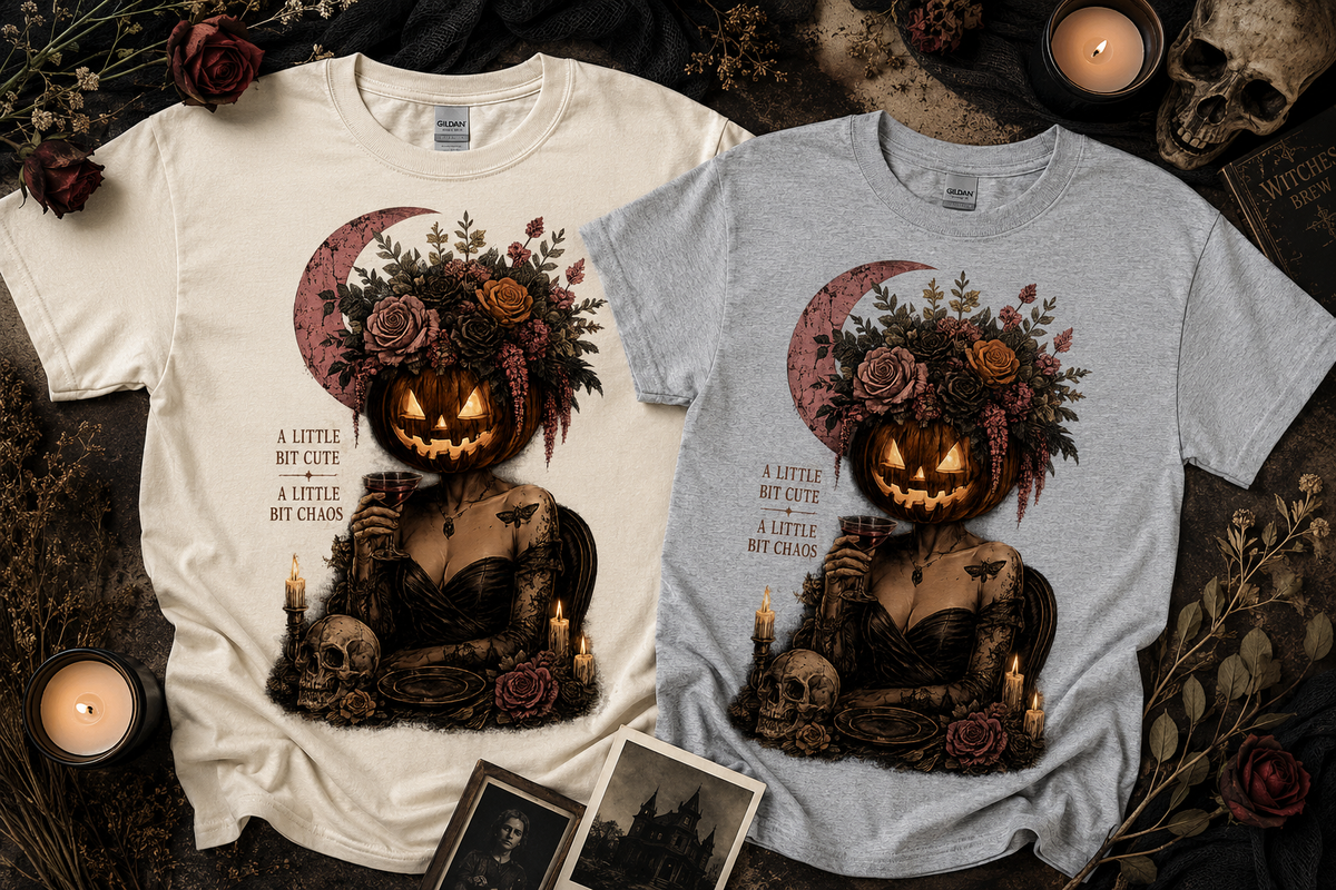 A Little Bit Cute, A Little Bit Chaos T-Shirt — Gothic Pumpkin Head Tee
