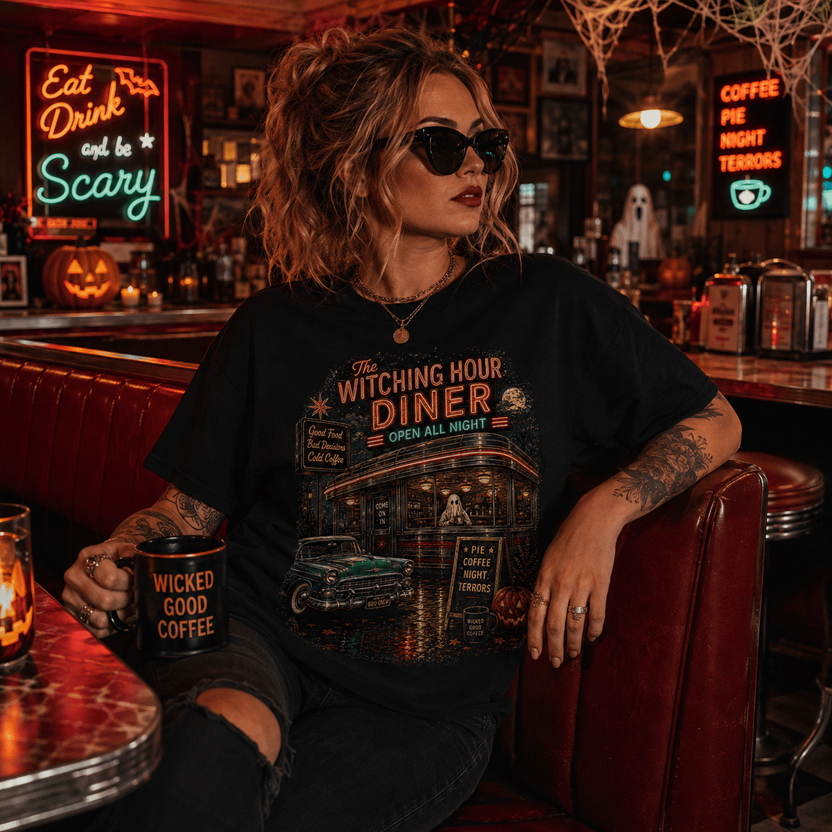 Witching Hour Diner T-Shirt — Vintage Neon Horror Retro Tee - Boo Crew Boutique