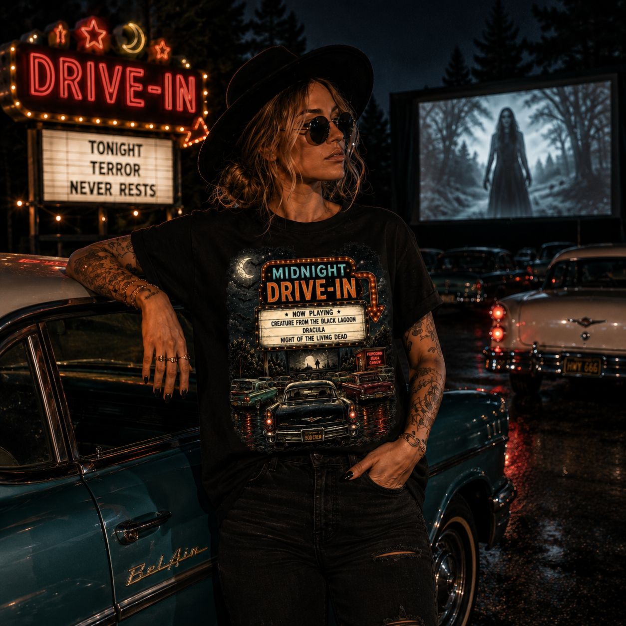 Midnight Drive-In T-Shirt — Vintage Horror Marquee Graphic Tee