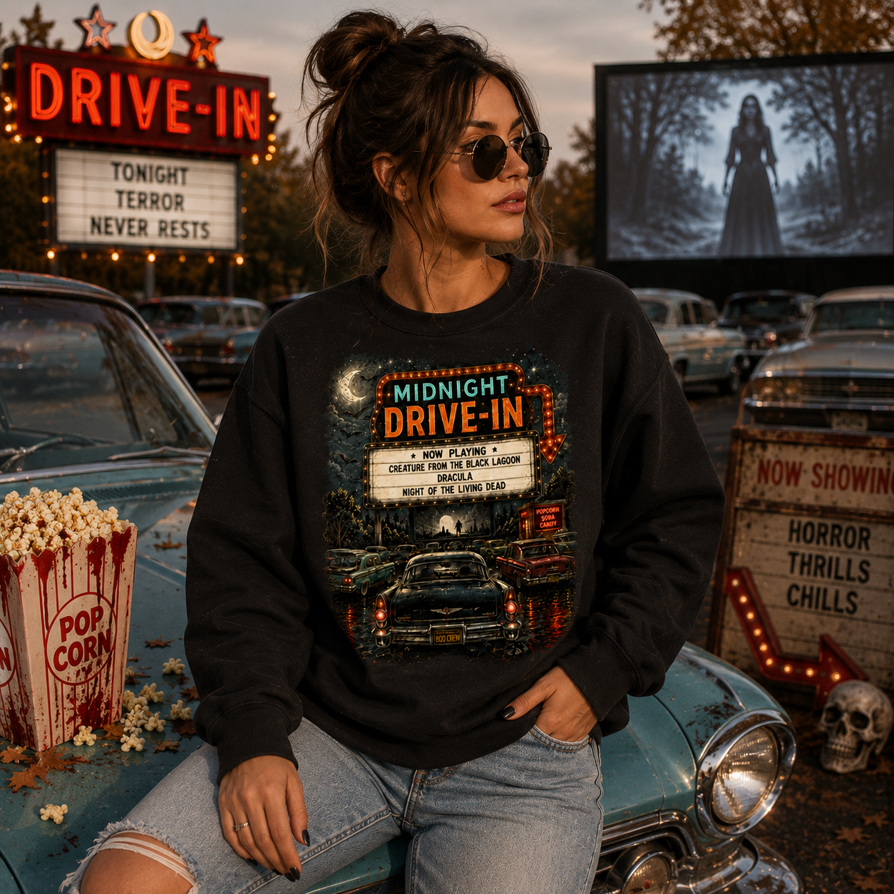 Midnight Drive-In Crewneck Sweatshirt — Vintage Horror Marquee Graphic