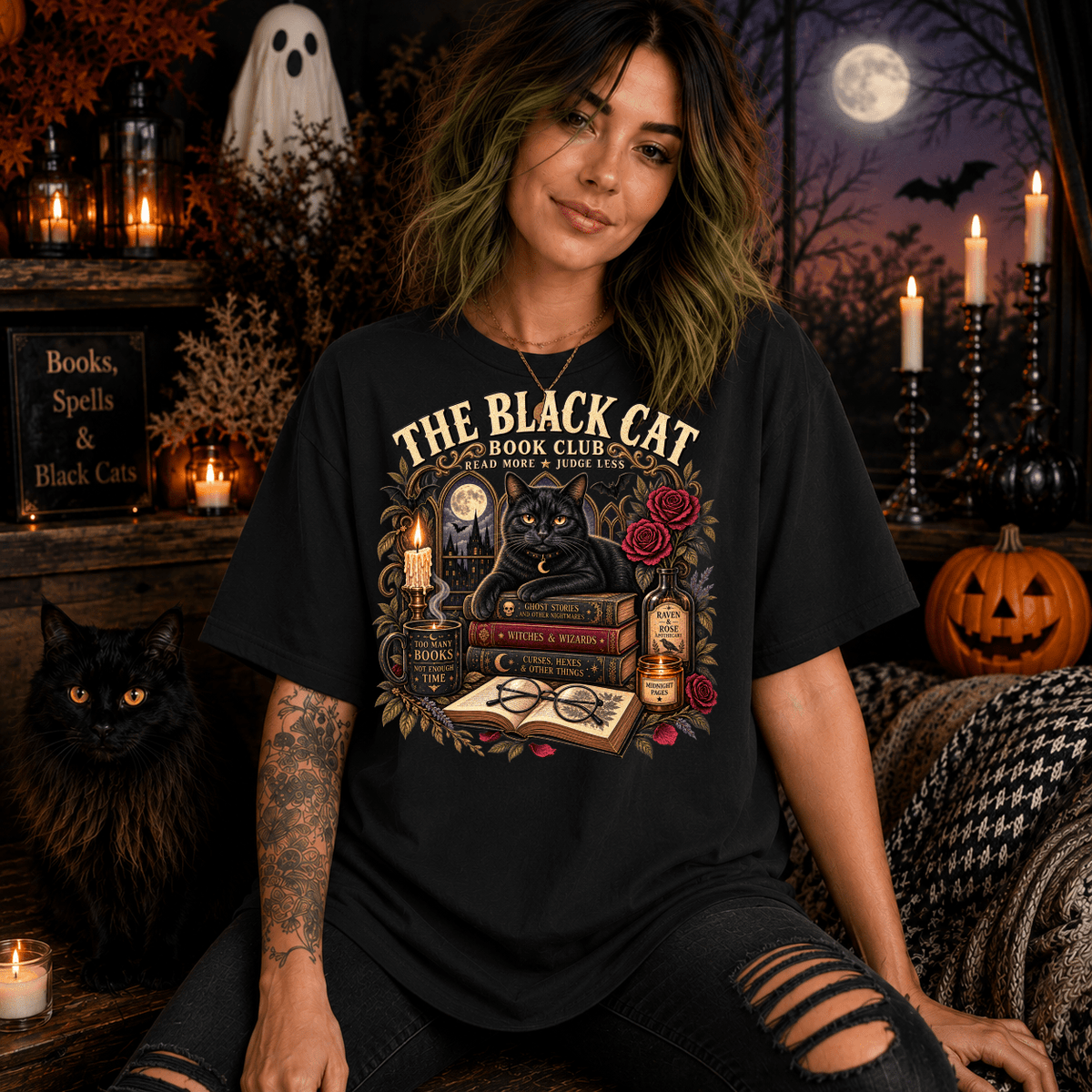 Black Cat Book Club Tee | Vintage Halloween Book Lover Shirt - Boo Crew Boutique