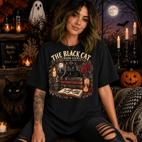 Black Cat Book Club Tee | Vintage Halloween Book Lover Shirt - Boo Crew Boutique