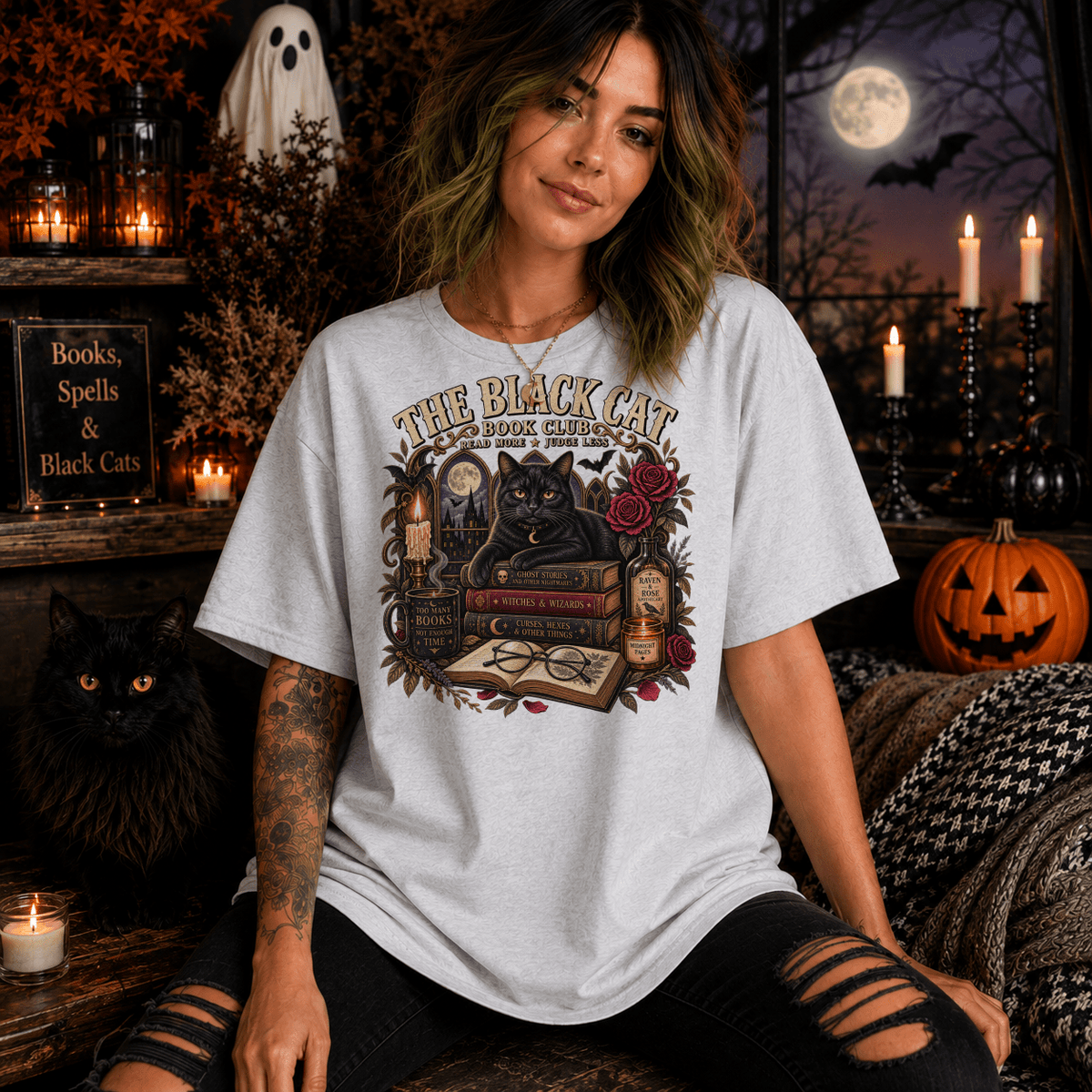 Black Cat Book Club Tee | Vintage Halloween Book Lover Shirt - Boo Crew Boutique