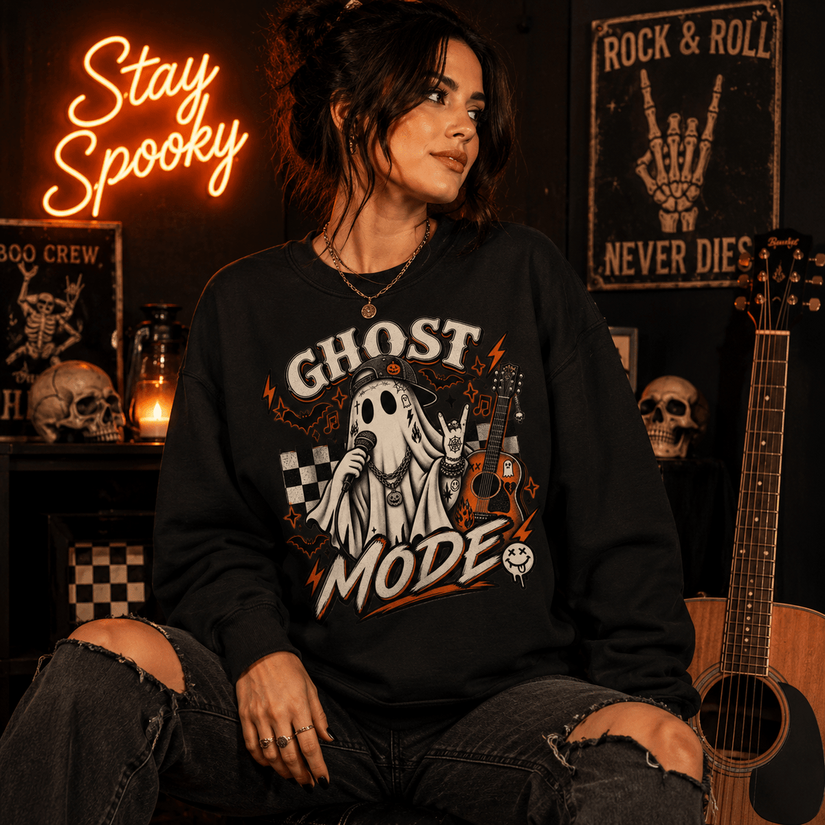 Ghost Mode Graphic Sweatshirt — Retro Rocking Ghost with Guitar - Boo Crew Boutique