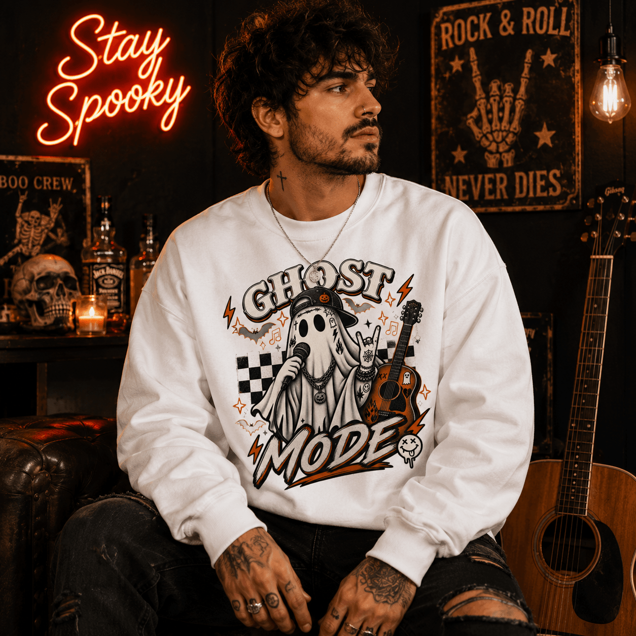 Ghost Mode Graphic Sweatshirt — Retro Rocking Ghost with Guitar - Boo Crew Boutique