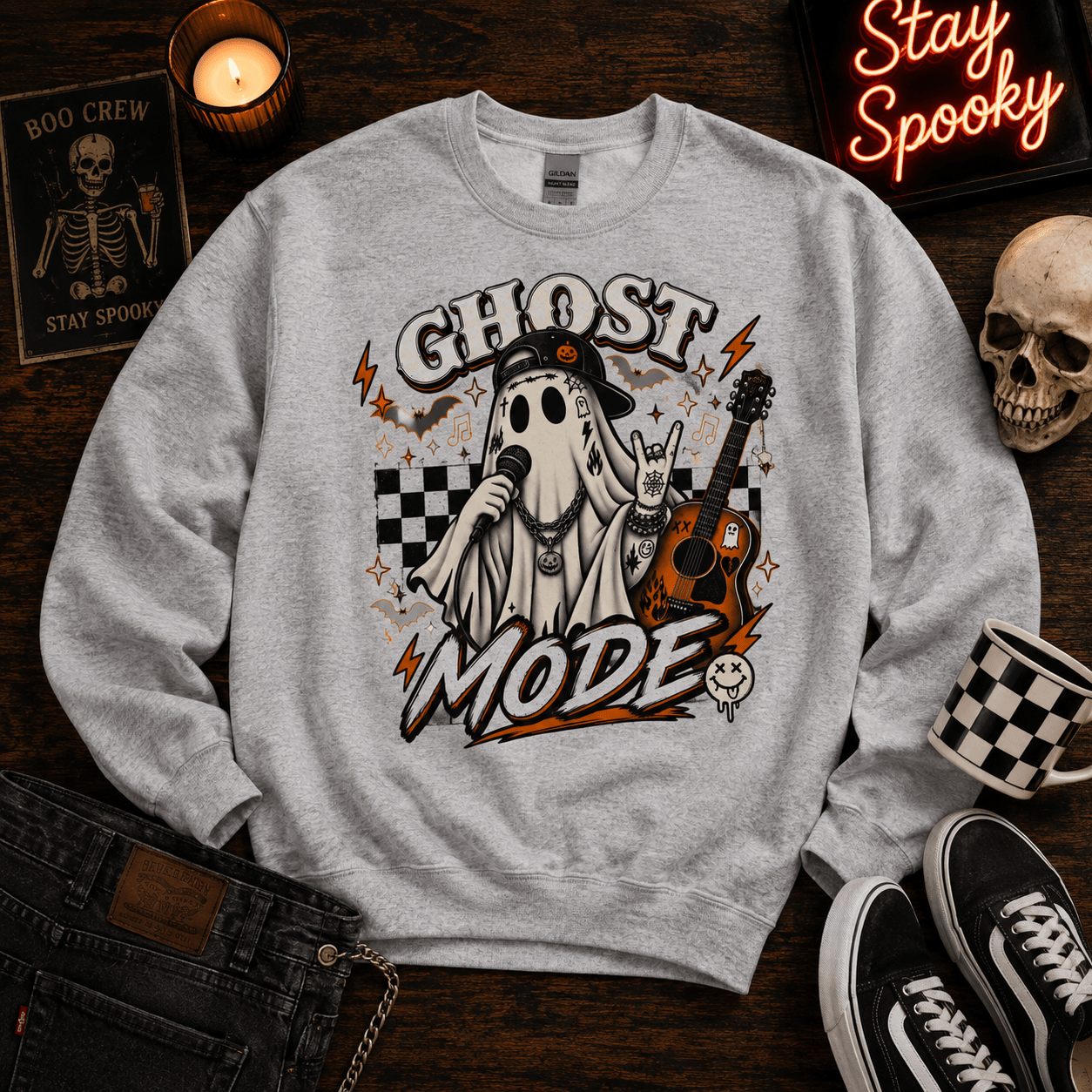Ghost Mode Graphic Sweatshirt — Retro Rocking Ghost with Guitar - Boo Crew Boutique