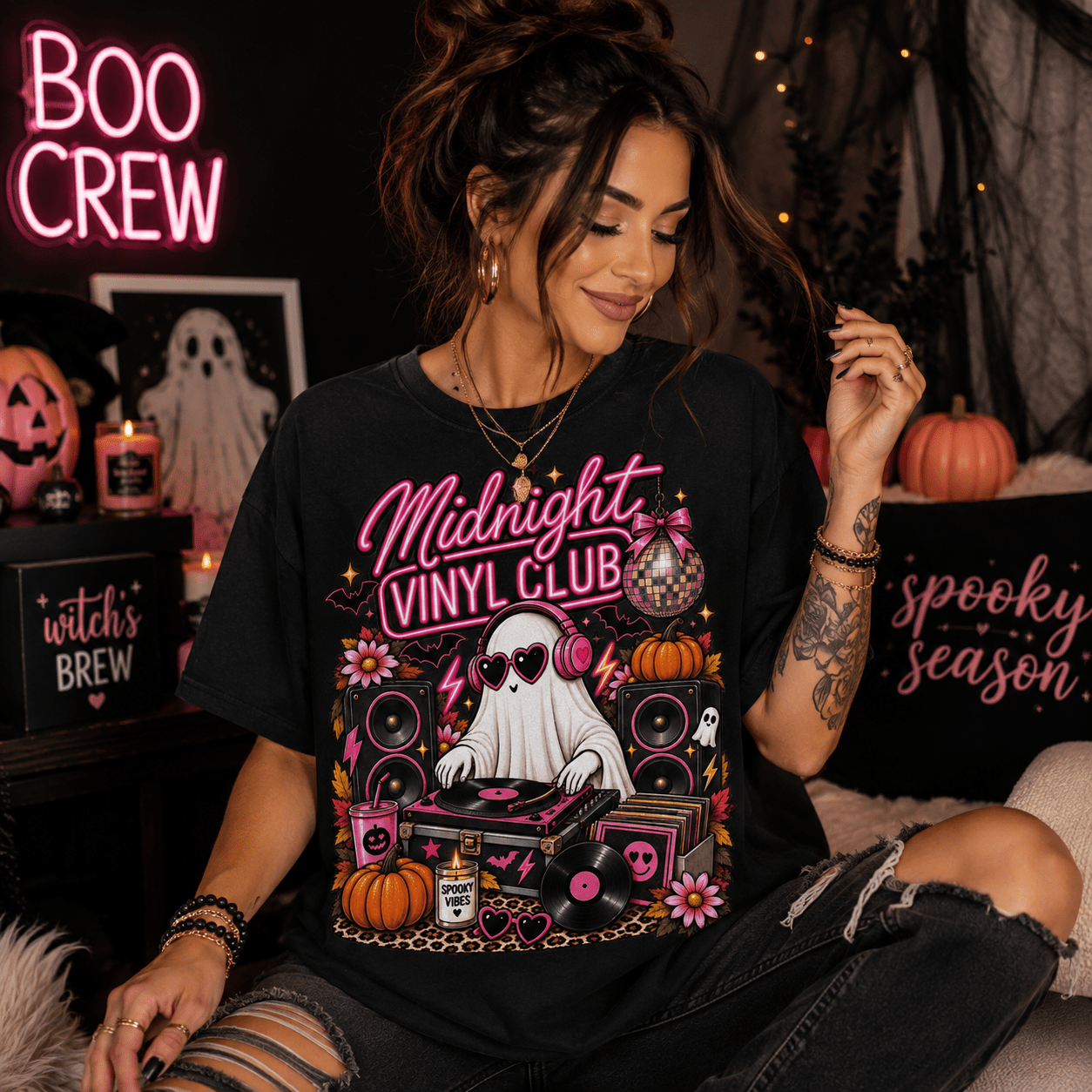 Midnight Vinyl Club T-Shirt — Retro DJ Ghost Halloween Tee - Boo Crew Boutique