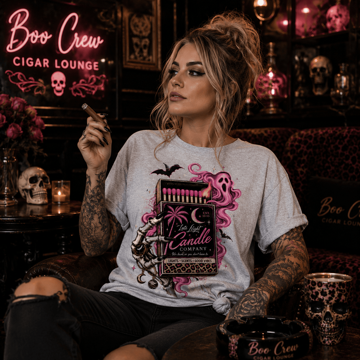 Matchbox Candle Graphic Tee — Pink Gothic Matchbox Design - Boo Crew Boutique
