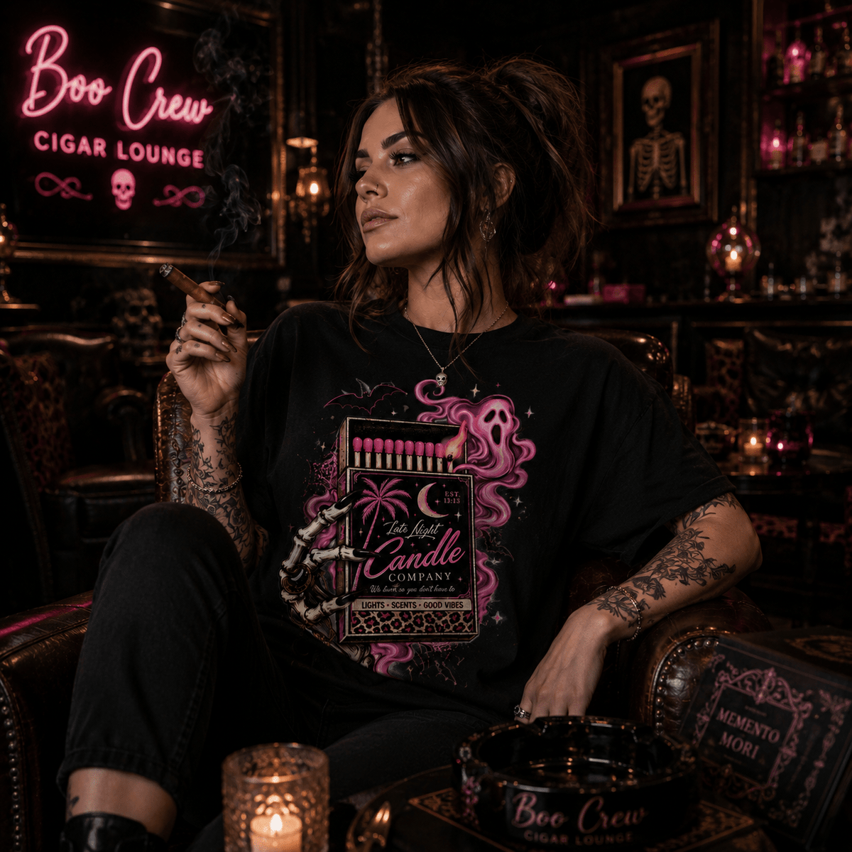 Matchbox Candle Graphic Tee — Pink Gothic Matchbox Design - Boo Crew Boutique