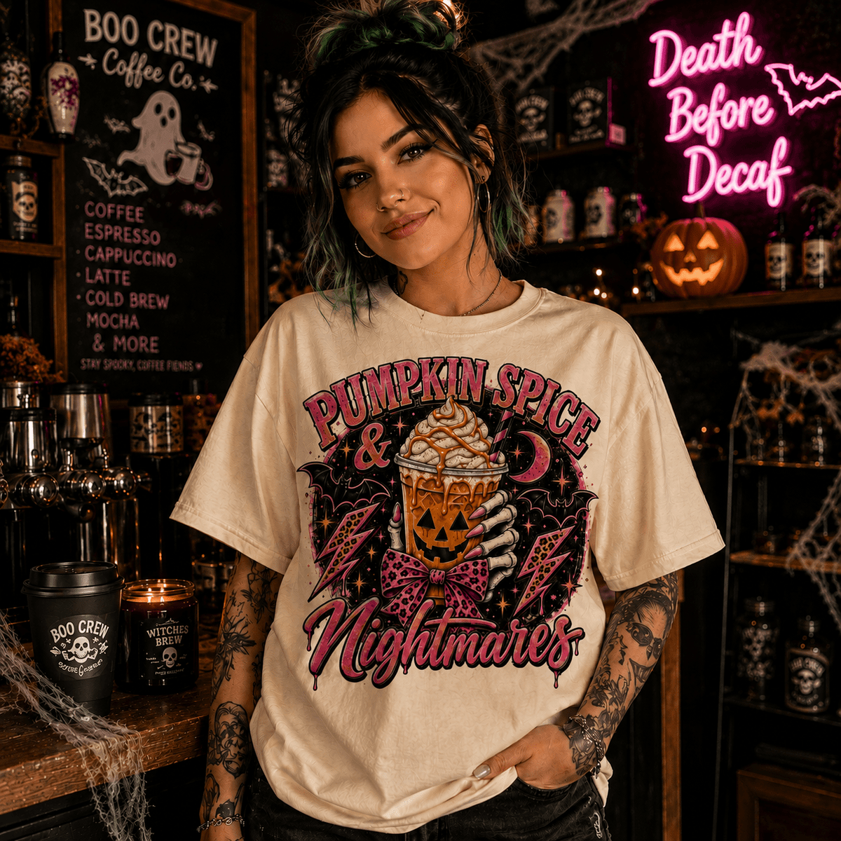 Pumpkin Spice & Nightmares T-Shirt — Halloween Fall Coffee Graphic Tee - Boo Crew Boutique