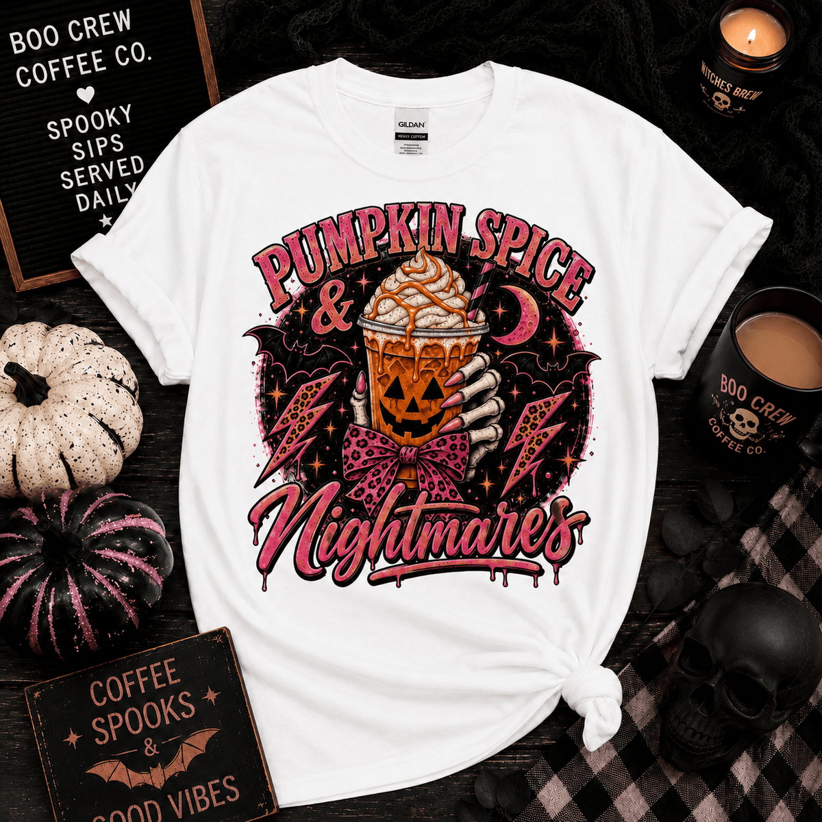 Pumpkin Spice & Nightmares T-Shirt — Halloween Fall Coffee Graphic Tee - Boo Crew Boutique