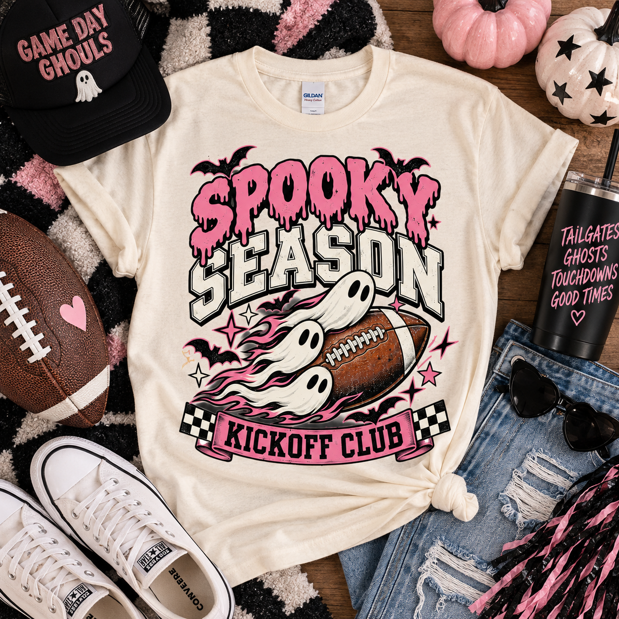 Spooky Season Football Tee — Ghosts & Bats