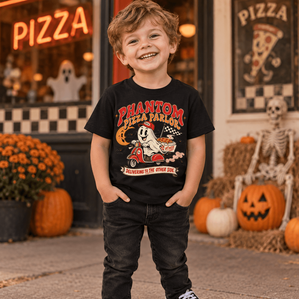 Phantom Pizza Delivery Toddler T-Shirt — Spooky Ghost Pizza Tee - Boo Crew Boutique