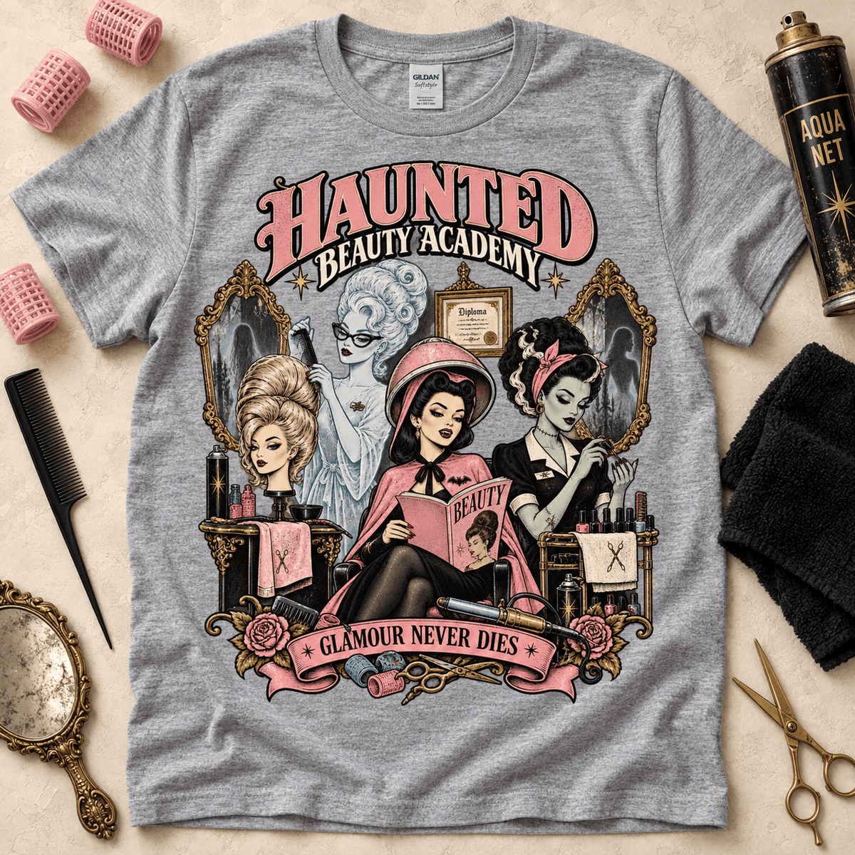 Haunted Beauty Academy Tee — Vintage Gothic Halloween T-Shirt - Boo Crew Boutique