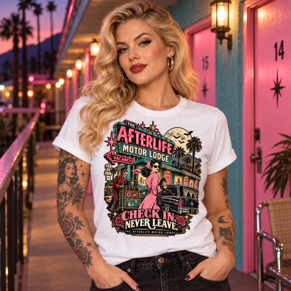 Afterlife Motor Lodge T-Shirt — 'Check In Never Leave' Retro Neon Horror Tee - Boo Crew Boutique