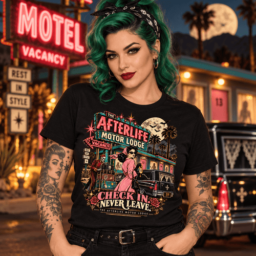 Afterlife Motor Lodge T-Shirt — 'Check In Never Leave' Retro Neon Horror Tee - Boo Crew Boutique