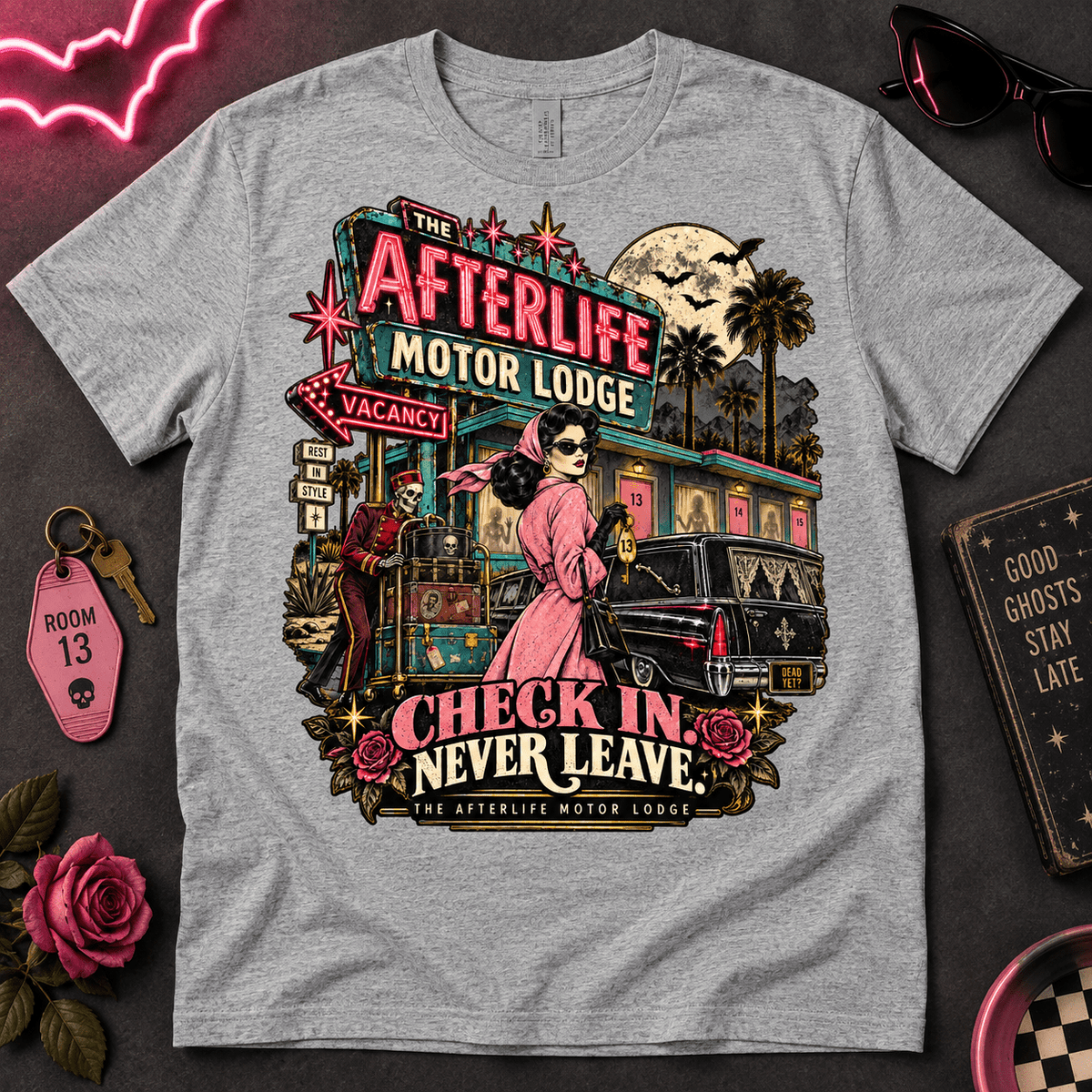 Afterlife Motor Lodge T-Shirt — 'Check In Never Leave' Retro Neon Horror Tee - Boo Crew Boutique