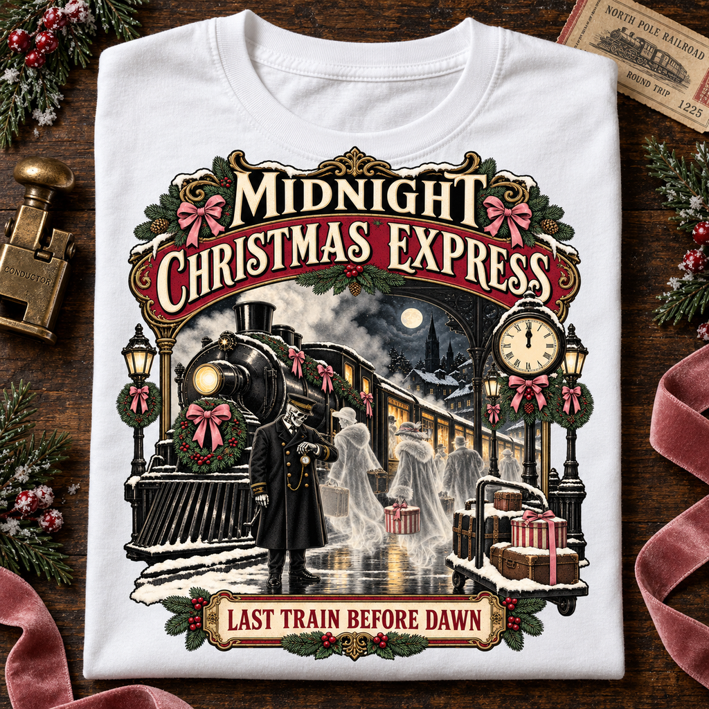 Midnight Christmas Express T-Shirt — Last Train Before Dawn Holiday Tee