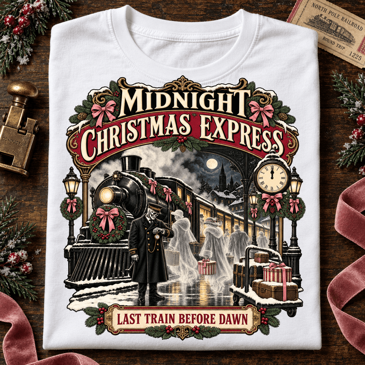 Midnight Christmas Express T-Shirt — Last Train Before Dawn Holiday Tee
