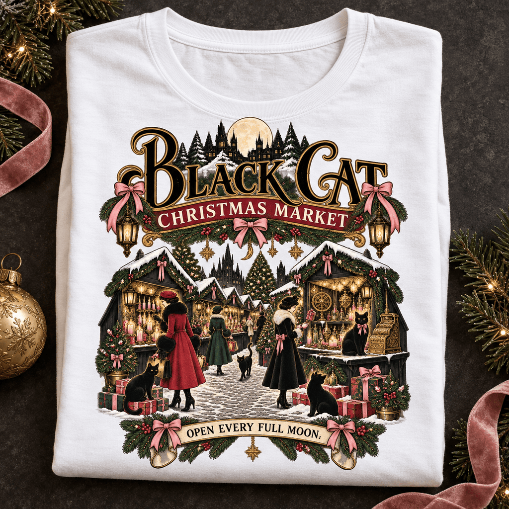 Christmas Market T‑Shirt — 'Black Cat Christmas Market' Vintage Holiday Tee
