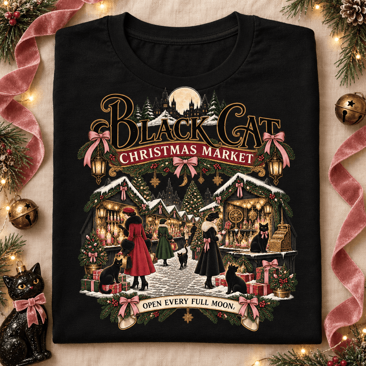 Christmas Market T‑Shirt — 'Black Cat Christmas Market' Vintage Holiday Tee - Boo Crew Boutique