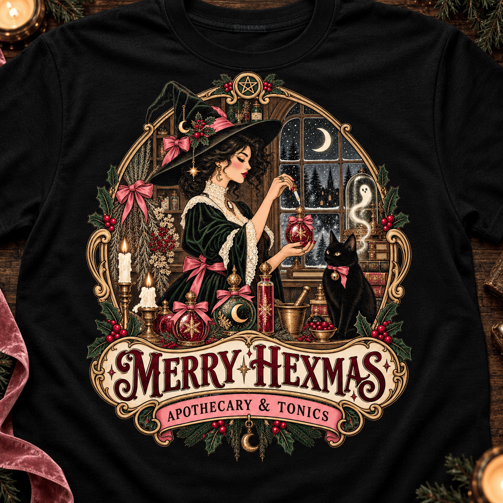 Merry Hexmas Witch T-Shirt — Festive Apothecary Holiday Magic Tee