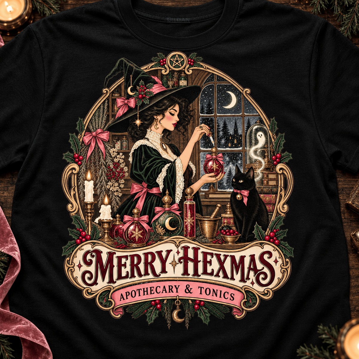 Merry Hexmas Witch T-Shirt — Festive Apothecary Holiday Magic Tee