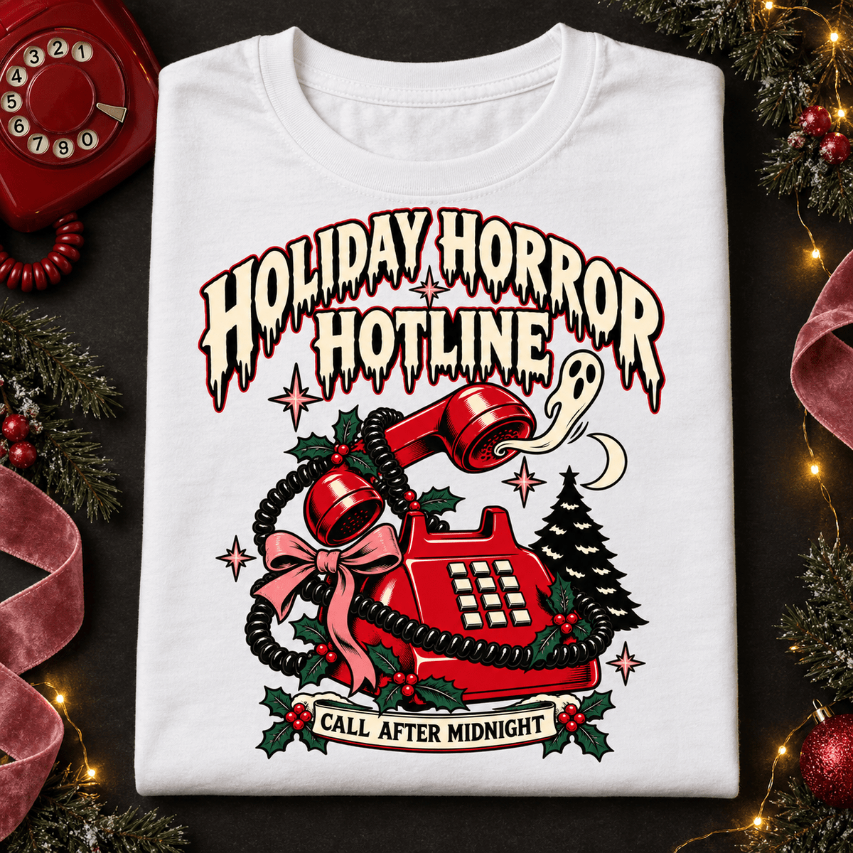 Holiday Horror Hotline T-Shirt — Call After Midnight Retro Christmas Tee - Boo Crew Boutique