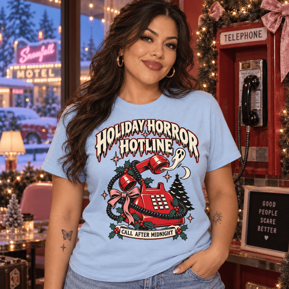 Holiday Horror Hotline T-Shirt — Call After Midnight Retro Christmas Tee
