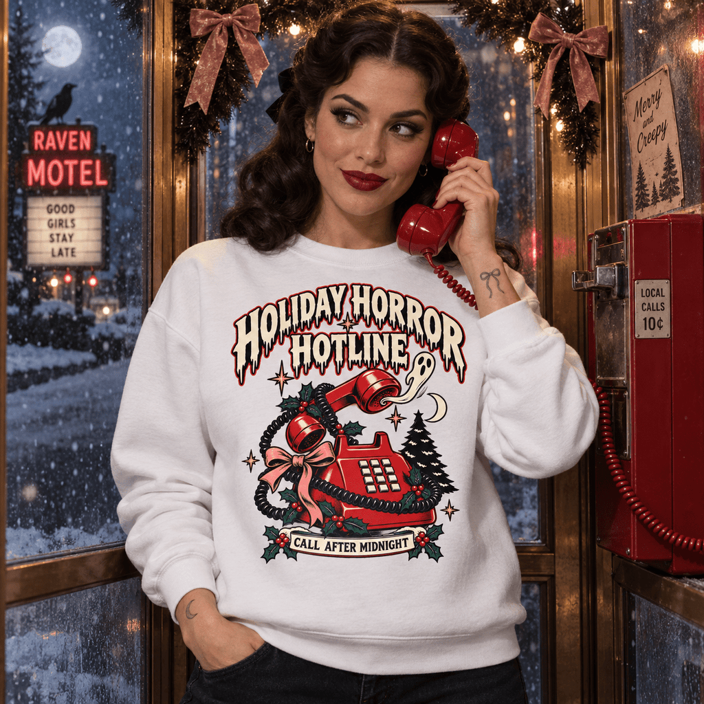 Holiday Horror Hotline Sweatshirt — Call After Midnight Retro Christmas Crewneck